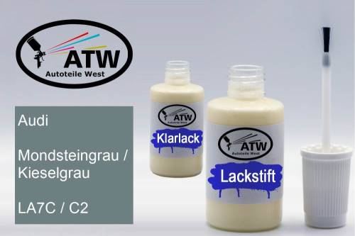 Audi, Mondsteingrau / Kieselgrau, LA7C / C2: 20ml Lackstift + 20ml Klarlack - Set, von ATW Autoteile West.